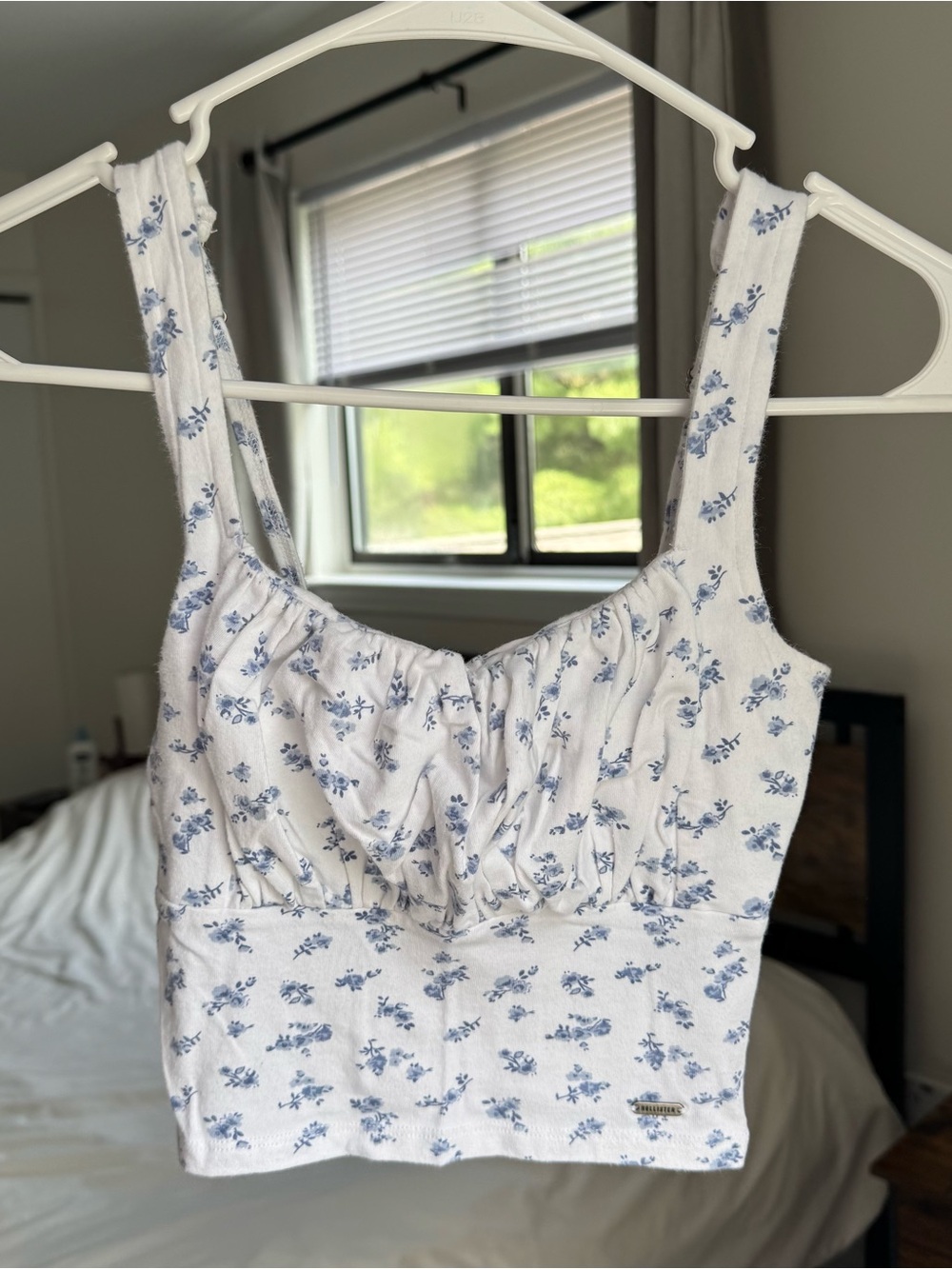 Hollister White Crop Tank with Blue Floral Print